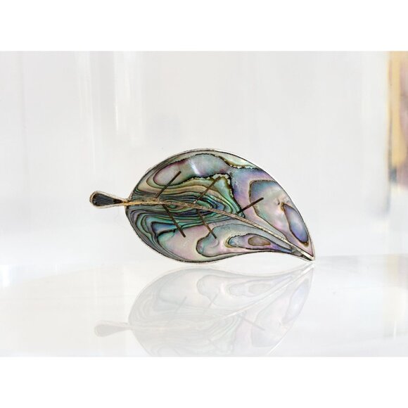 Leaf Shaped Beto of Taxco Abalone Shell Inlay Vintage Sterling Silver Brooch - Picture 8 of 10